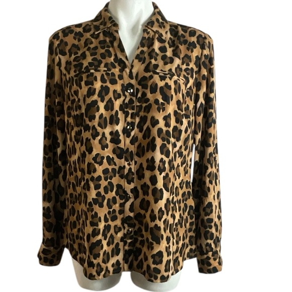 Dana Bachman Leopard Print Button Down Tan Brown Black Collared Women's Top - Picture 1 of 13